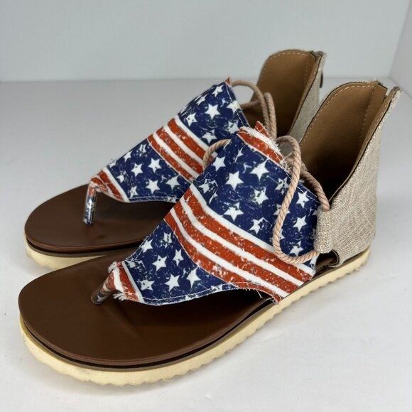 Unbranded Shoes - Womens Round Clip Toe American Flag Back Zip Denim Synthetic Size 7 Flat Sandals